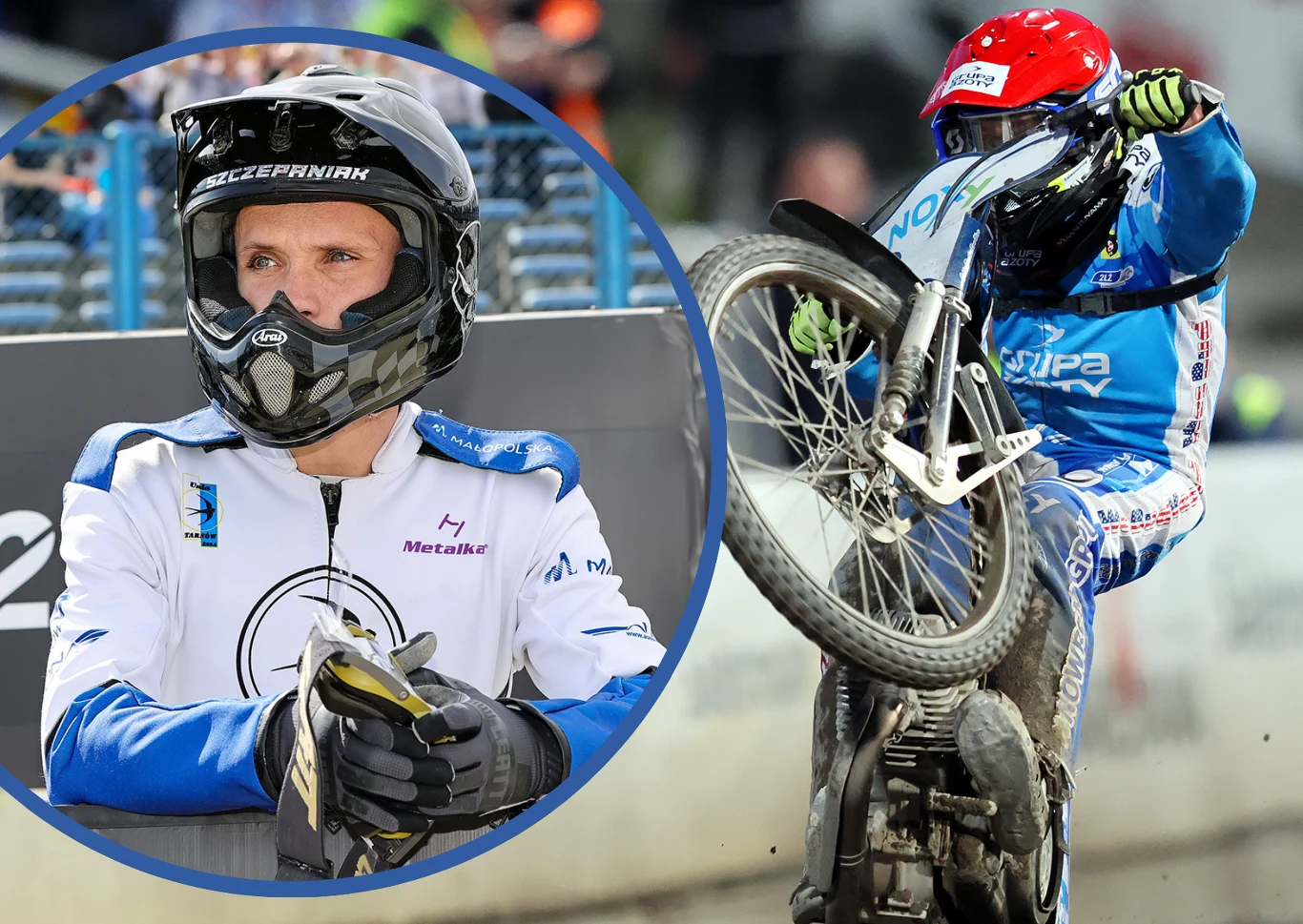 Zawodnik ubrany w biało-niebieski kombinezon żużlowy stoi z kaskiem na głowie i rękawicami, ujęcie w okrągłej ramce. Drugi kadr pokazuje sportowca w niebieskim stroju podczas dynamicznej jazdy na motocyklu żużlowym, koło przednie uniesione w powietrzu ...