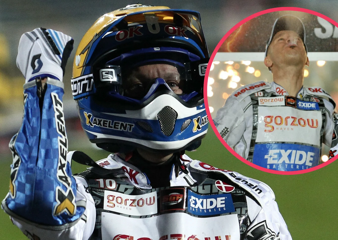 Zawodnik żużlowy w pełnym kombinezonie i kasku podnosi rękę w geście triumfu, tło zamazane. W prawym górnym rogu widoczny okrągły wstawiony portret tego samego sportowca świętującego zwycięstwo ze łzami radości na twarzy.