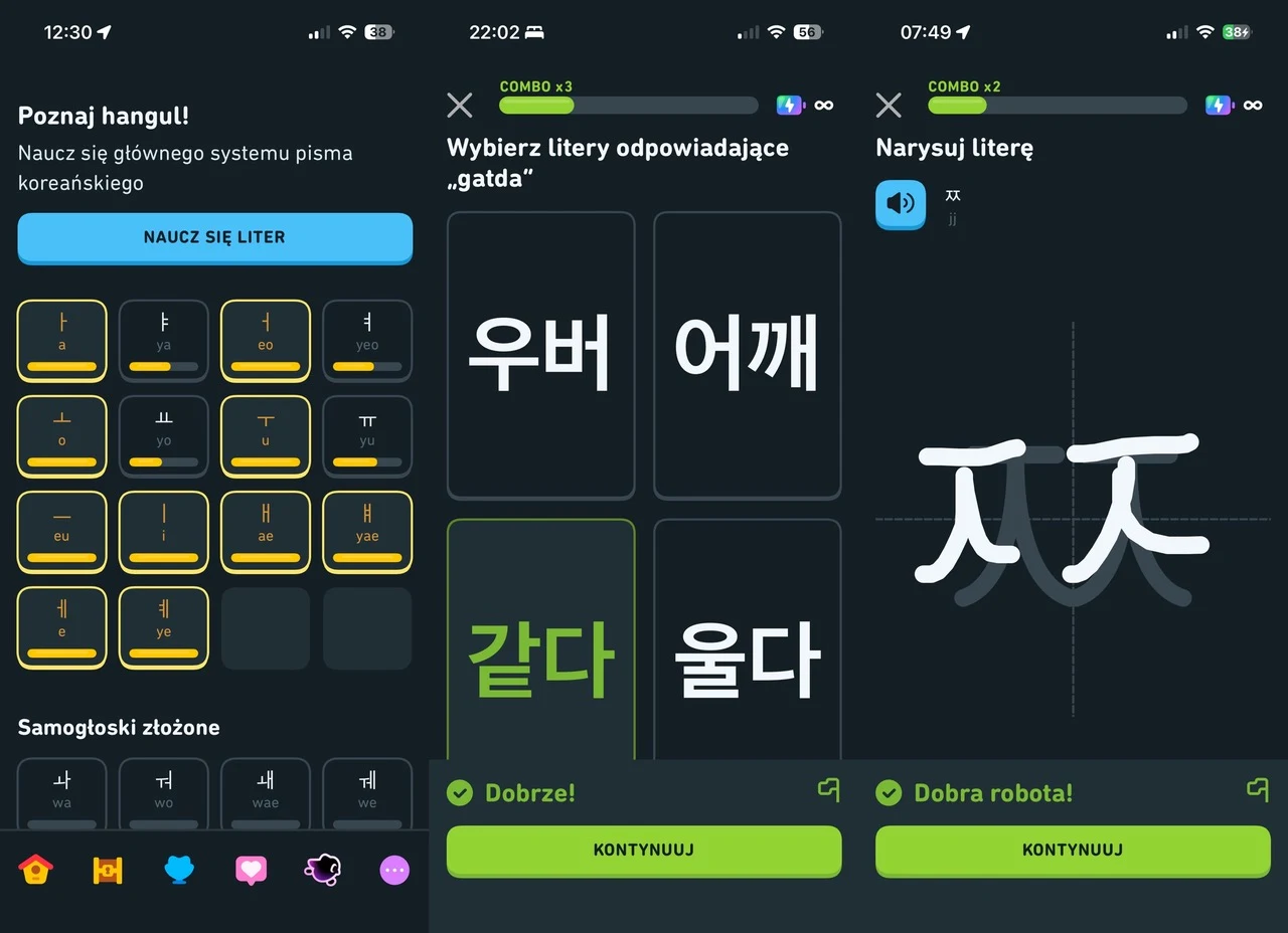 Nauka koreańskiego alfabetu / zrzut ekranu: aplikacja Duolingo Interfejs aplikacji edukacyjnej do nauki koreańskiego alfabetu hangul, widoczne ekrany z wyborem i rysowaniem liter oraz przyciskami do kontynuacji nauki.