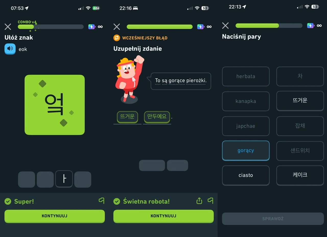 Podczas kursu zmierzymy się z różnymi wyzwaniami / zrzut ekranu: aplikacja Duolingo Interfejs aplikacji edukacyjnej do nauki języka koreańskiego, wyświetlający zadania polegające na tworzeniu znaków, uzupełnianiu zdań oraz dopasowywaniu słów. Kolorowe przyciski zachęcają do kontynuowania nauki, a ilustracje i napisy są klarowne i czyt...