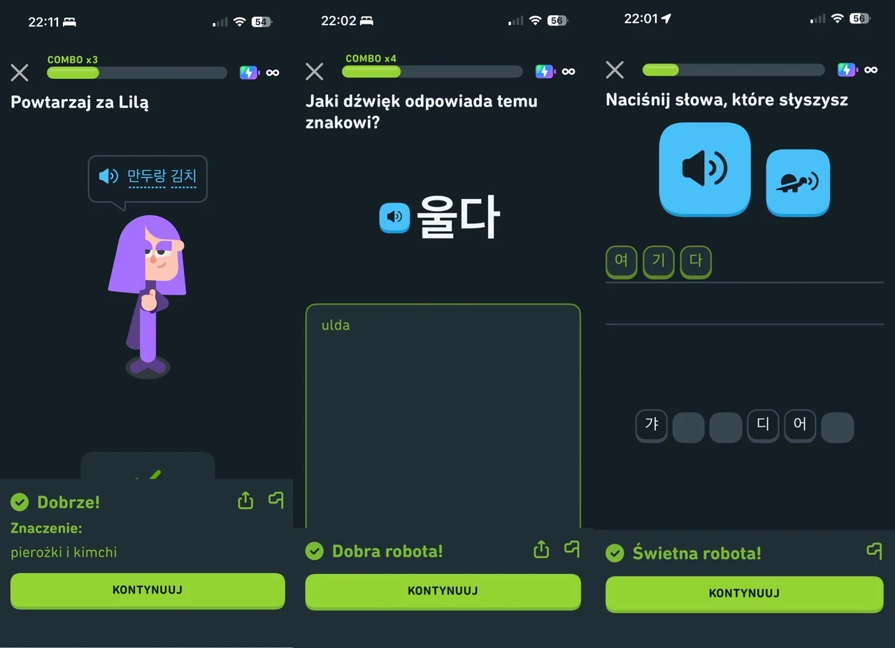 Duolingo zmusza do mówienia, rozpoznawania, pisania. Ćwiczeń jest mnóstwo / zrzut ekranu: aplikacja Duolingo Interfejs aplikacji do nauki języka koreańskiego, na ekranach widoczne ćwiczenia polegające na powtarzaniu słów, rozpoznawaniu dźwięków i wybieraniu poprawnych znaczeń. Elementy graficzne utrzymane w kolorach zielonym i niebieskim, z postacią animowaną...