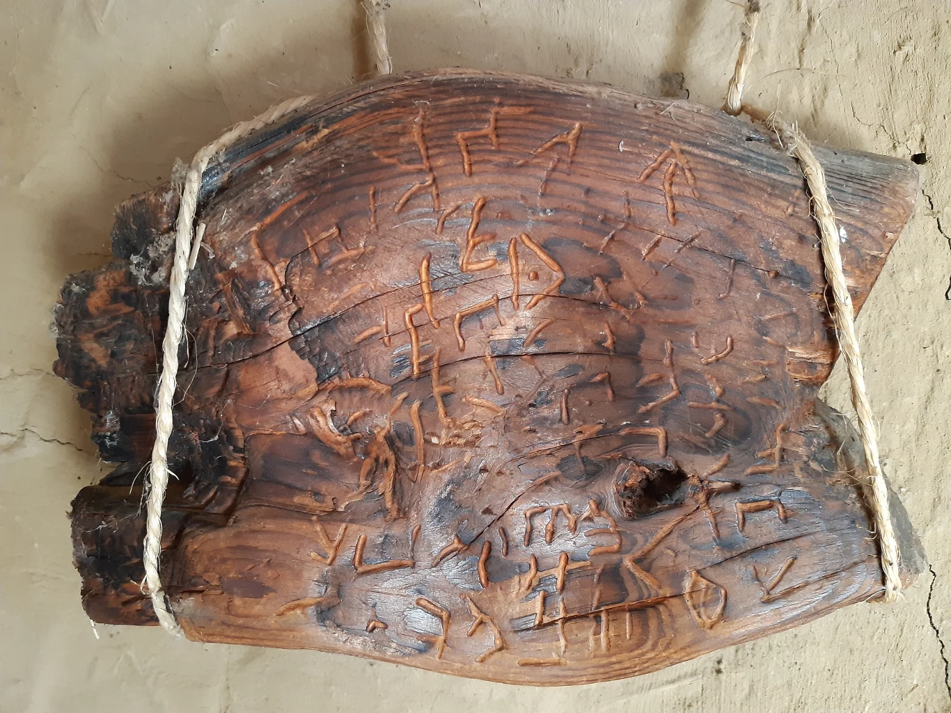 Wypalona, nierówna powierzchnia drewnianej deski udekorowana tajemniczymi, ręcznie wyrytymi symbolami, przewiązana grubym sznurkiem, zawieszona na tle beżowej ściany.