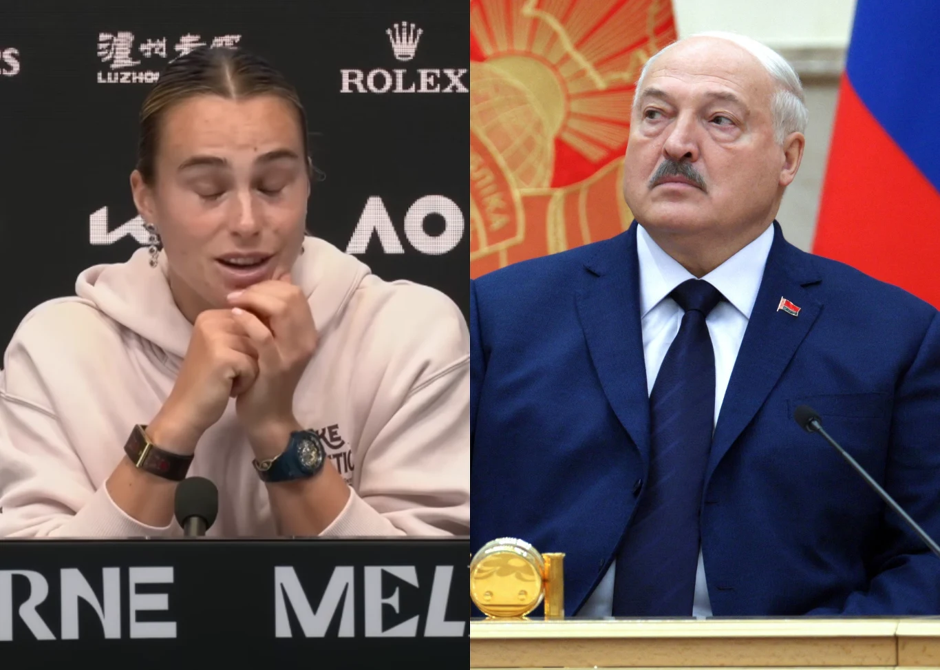 Na zdjęciu Aryna Sabalenka oraz Aleksandr Łukaszenka Aryna Sabalenka na konferencji prasowej oraz Aleksandr Łukaszenka przy biurku na tle flag państwowych.
