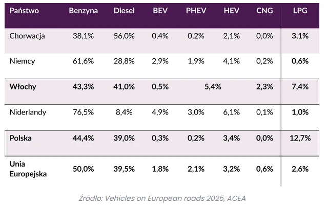 Tabela pokazuje procentowy udział różnych typów napędu w samochodach na drogach w wybranych krajach Europy oraz w całej Unii Europejskiej w 2025 roku. Kategorie obejmują pojazdy benzynowe, diesle, BEV, PHEV, HEV, CNG oraz LPG. Największy udział LPG wys...