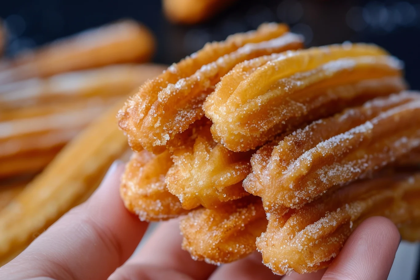 Chrupiące churros oprószone cukrem, trzymane w dłoni na tle rozmazanej reszty porcji.
