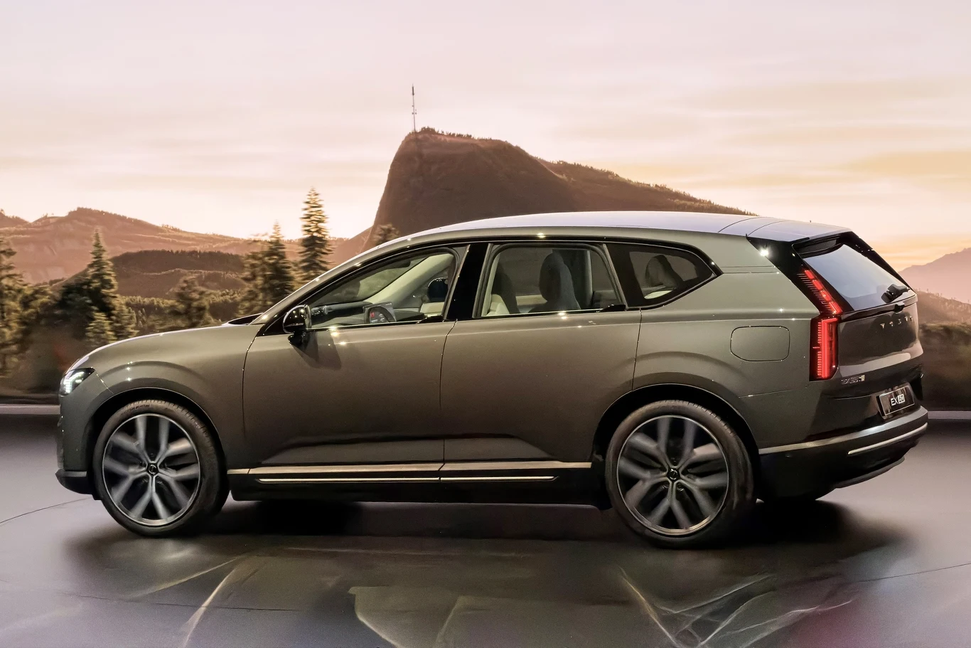 Duży nowoczesny SUV w kolorze szarym ustawiony na tle malowniczych gór. Smukła sylwetka pojazdu z charakterystycznym designem reflektorów z tyłu, panoramiczne okno boczne oraz duże aluminiowe felgi.