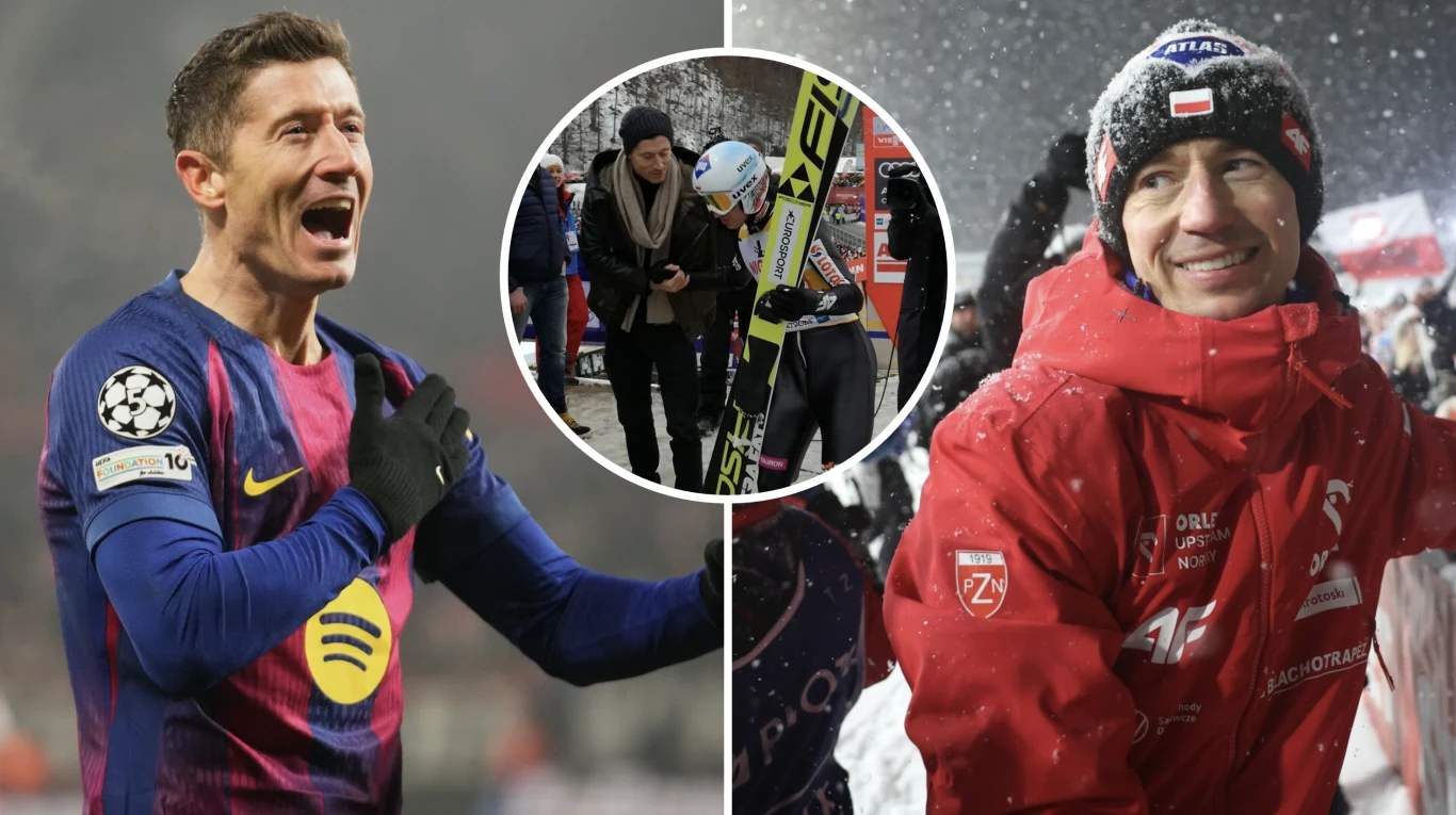 Kamil Stoch wrócił wspomnieniami do spotkania z Robertem Lewandowskim na skoczni Zestawienie trzech ujęć z różnych sportów: po lewej piłkarz w stroju klubowym podczas świętowania, po prawej uśmiechnięty skoczek narciarski w czerwonej kurtce zimowej, w centrum mniejsze zdjęcie skoczka narciarskiego z nartami w towarzystwie osób z ob...