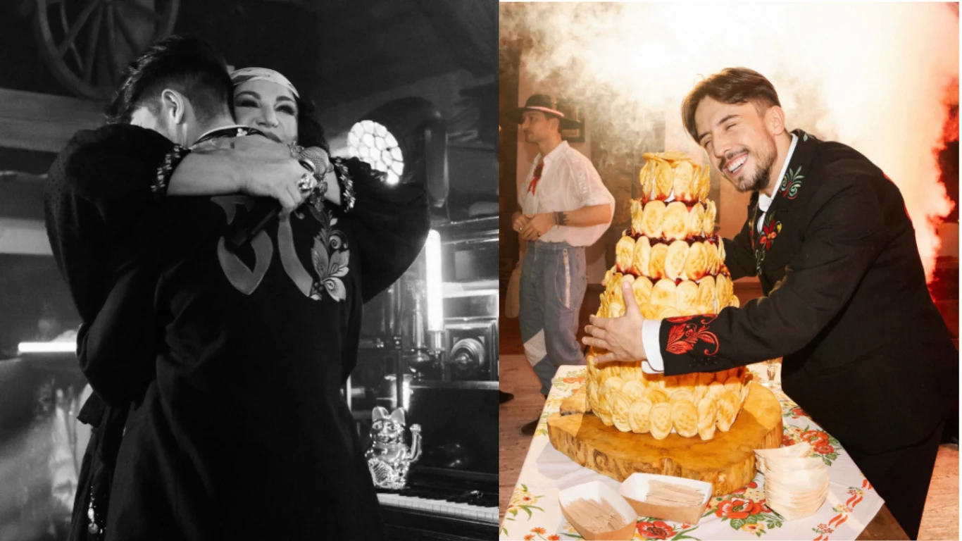 Po lewej stronie para obejmuje się serdecznie w czarno-białym klimacie, z wyraźnym motywem tradycyjnym w ubiorze kobiety. Po prawej uśmiechnięty mężczyzna w regionalnym stroju opiera się o dużą, dekoracyjną wieżę z ciasta, a w tle widoczne są inne osob...