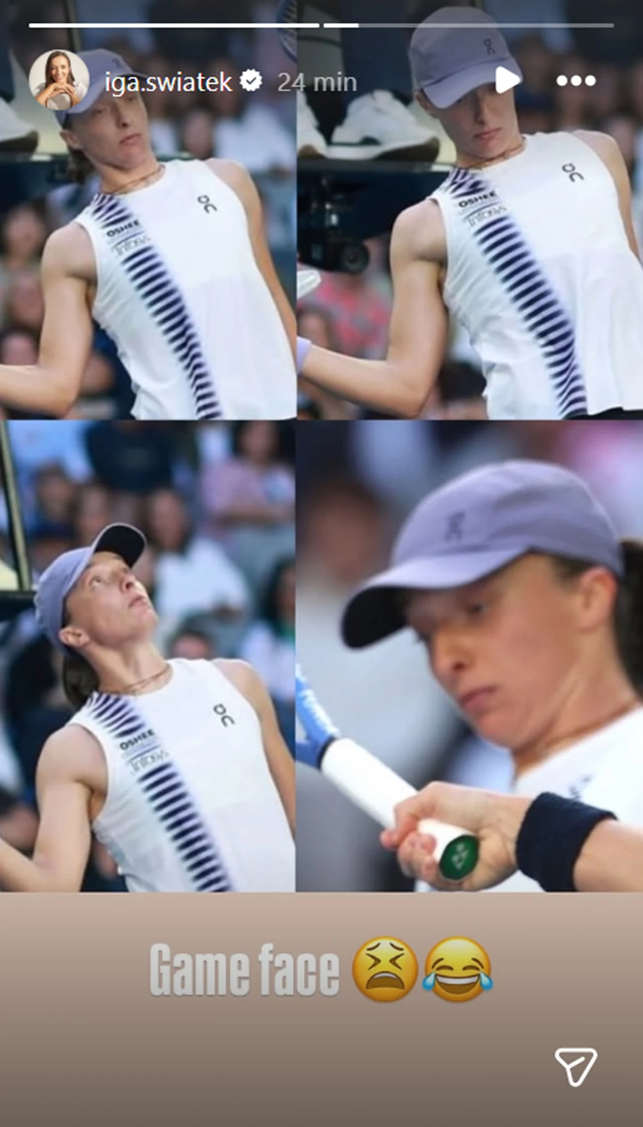 Iga Świątek zareagowała na kuriozalną akcję Zestaw czterech ujęć tenisistki w trakcie dynamicznego momentu gry, twarz wyraża koncentrację i wysiłek, sportowy strój oraz rakieta tenisowa na tle rozmazanej publiczności podkreślają atmosferę rywalizacji.