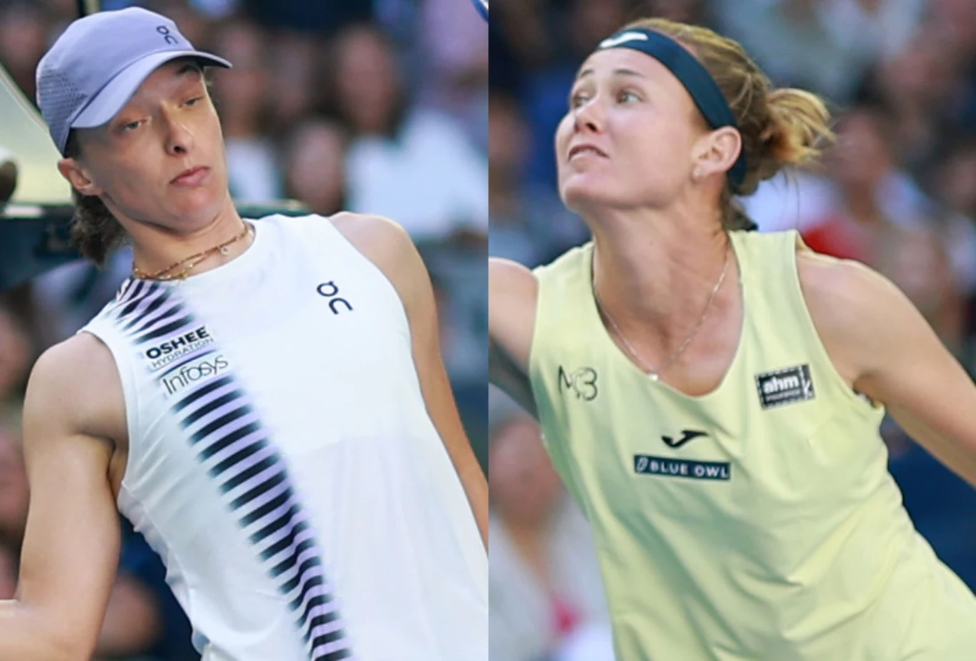Iga Świątek, Marie Bouzkova Dwie kobiety w sportowych strojach podczas meczu tenisa, każda skoncentrowana na uderzeniu piłki, w tle widoczne rozmyte sylwetki publiczności.