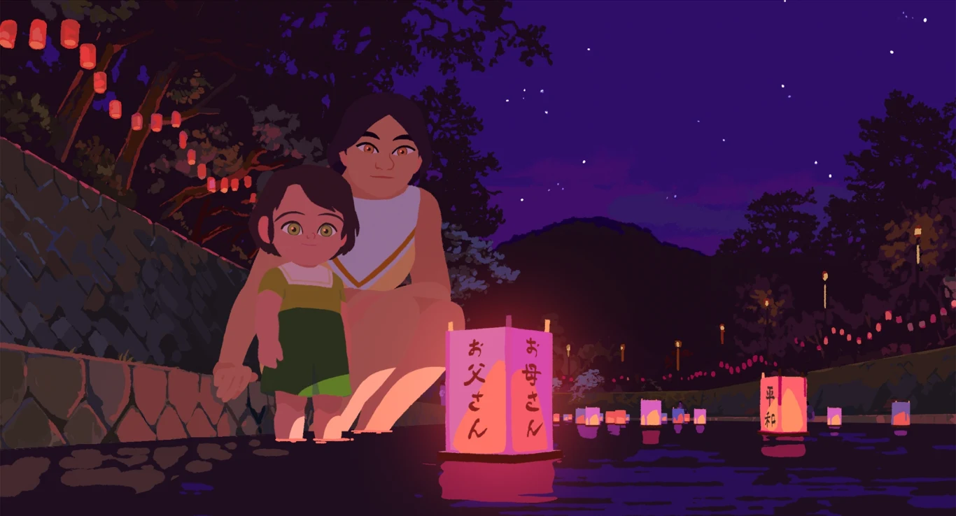 Dwójka dzieci ustawiających kolorowe lampiony na rzece podczas nocnej ceremonii, wokół unosi się wiele świetlistych lampionów odbijających się w wodzie, a w tle widoczne są drzewa i oświetlony brzeg.