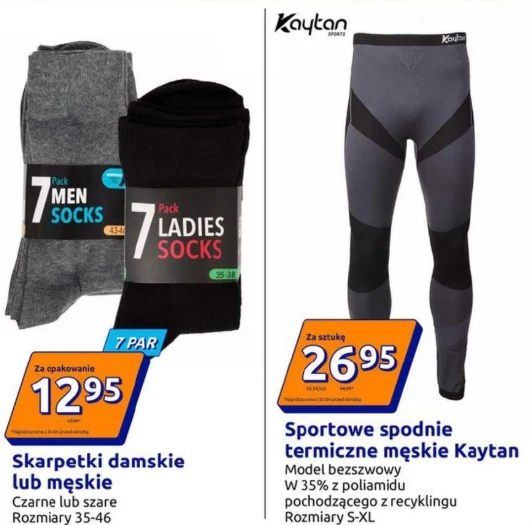 Skarpetki damskie lub męskie 7 par za 12,95 zł, sportowe spodnie termiczne męskie Kaytan za 26,95 zł Skarpetki damskie lub męskie 7 par za 12,95 zł, sportowe spodnie termiczne męskie Kaytan za 26,95 zł