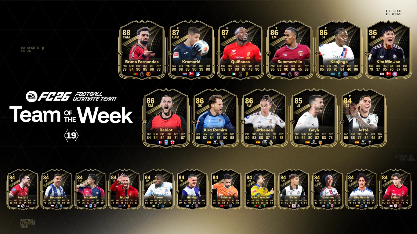 Karty piłkarzy z gry FC 26 Ultimate Team z aktualnego zespołu tygodnia, ułożone w kilku rzędach na ciemnym tle, każda karta prezentuje wizerunek zawodnika, jego nazwisko, ocenę ogólną oraz klub.