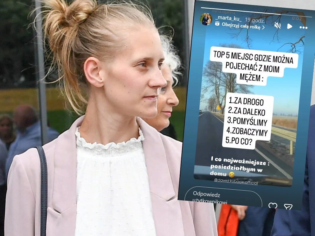 Kobieta ubrana w jasny płaszcz i biały golf stoi wśród innych osób na zewnątrz, obok znajduje się fragment relacji z mediów społecznościowych z zabawną listą miejsc, gdzie można pojechać z mężem.