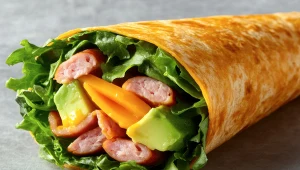 wrap z serka wiejskiego z warzywami i kiełbaskami