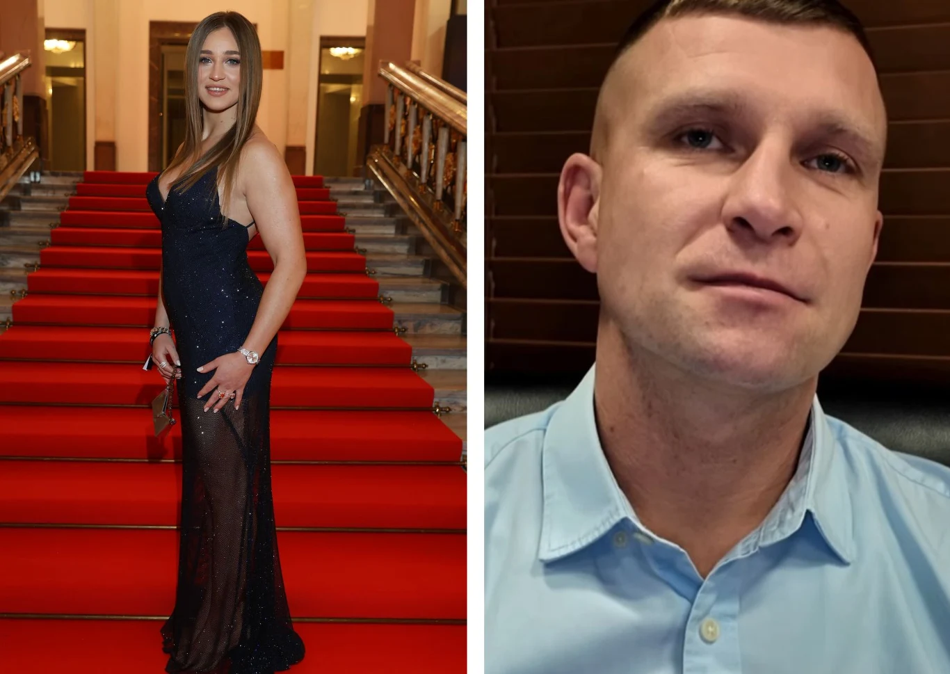 Kobieta w eleganckiej, ciemnej sukni wieczorowej pozuje na czerwonym dywanie w bogato zdobionym wnętrzu, obok portret mężczyzny w jasnoniebieskiej koszuli na tle ciemnych żaluzji.