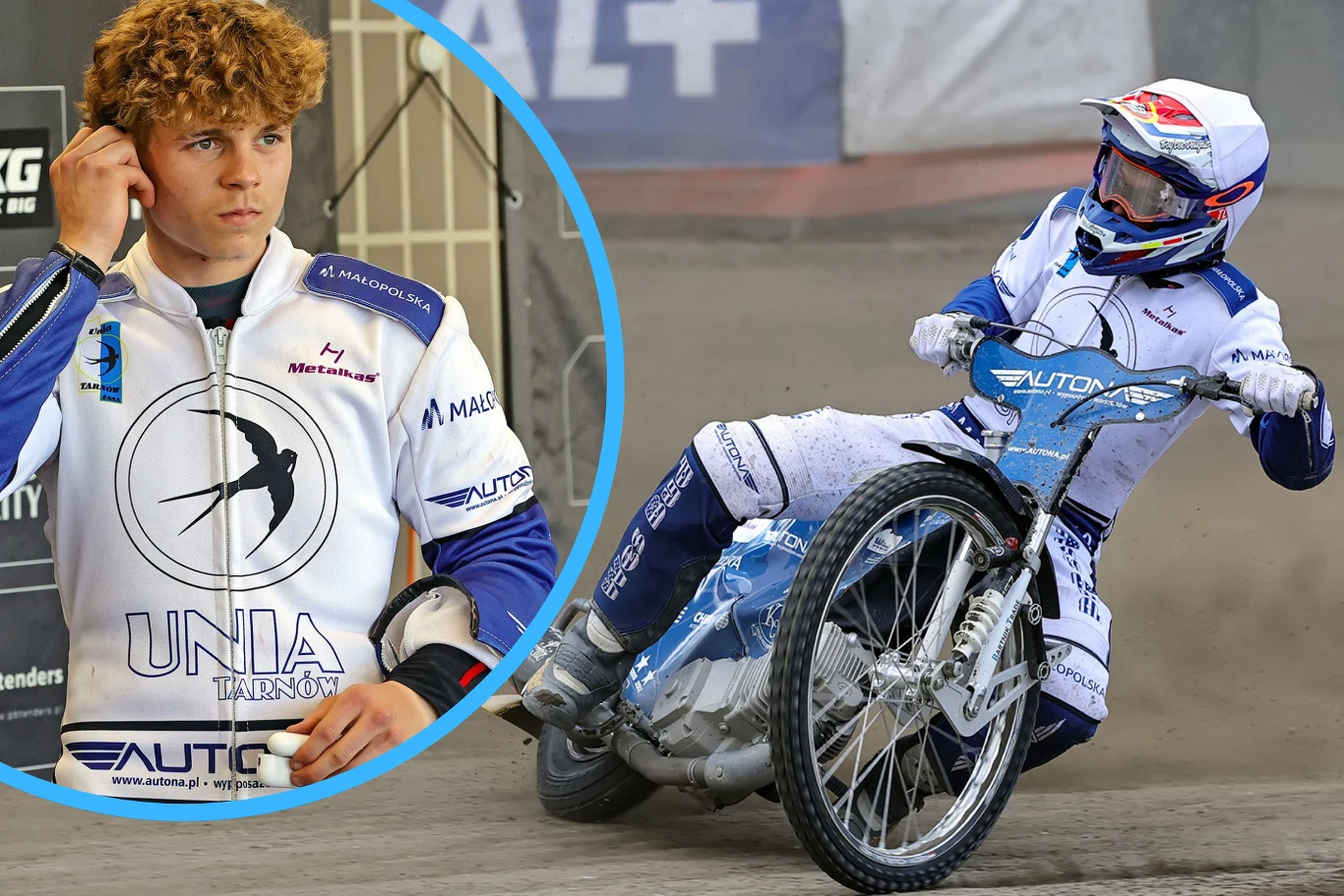 Młody żużlowiec ubrany w biało-niebieski kombinezon z logotypami Unii Tarnów, z jednej strony stoi przy parku maszyn i poprawia kask, z drugiej strony dynamicznie pokonuje zakręt na torze żużlowym podczas wyścigu.