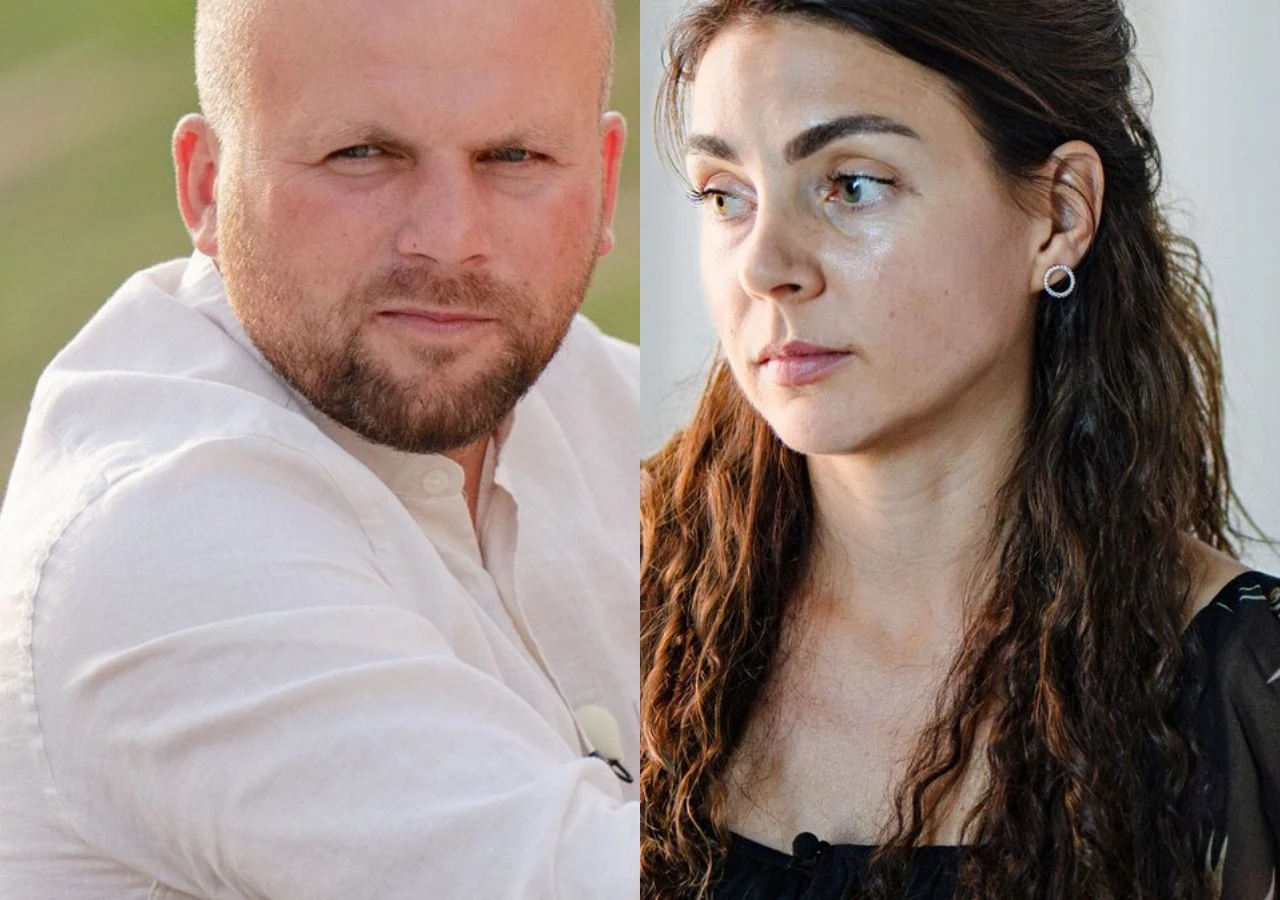 Marcin Kobierecki i Anna Cieślińska w "Rolnik szuka żony" Dwie dorosłe osoby, mężczyzna z brodą w jasnej koszuli oraz kobieta z długimi, falowanymi włosami, z poważnym wyrazem twarzy, sfotografowani osobno na tle naturalnym i wewnętrznym.