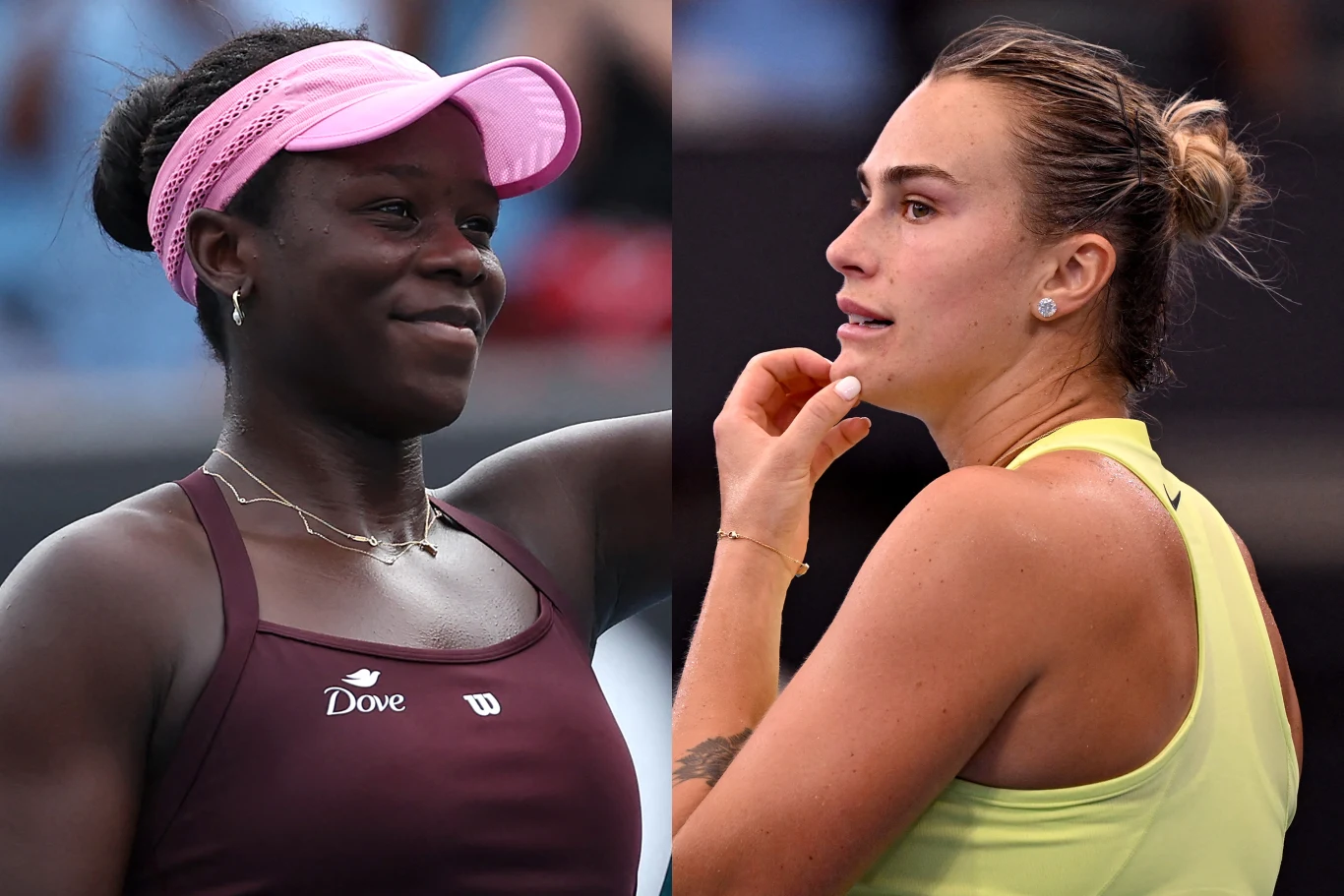 Dwie kobiety ubrane w sportowe stroje tenisowe, stojące na tle kortu, po lewej stronie kobieta w bordowej koszulce i różowej czapce z daszkiem, po prawej kobieta w jasnożółtym topie, obie wyglądają skupione