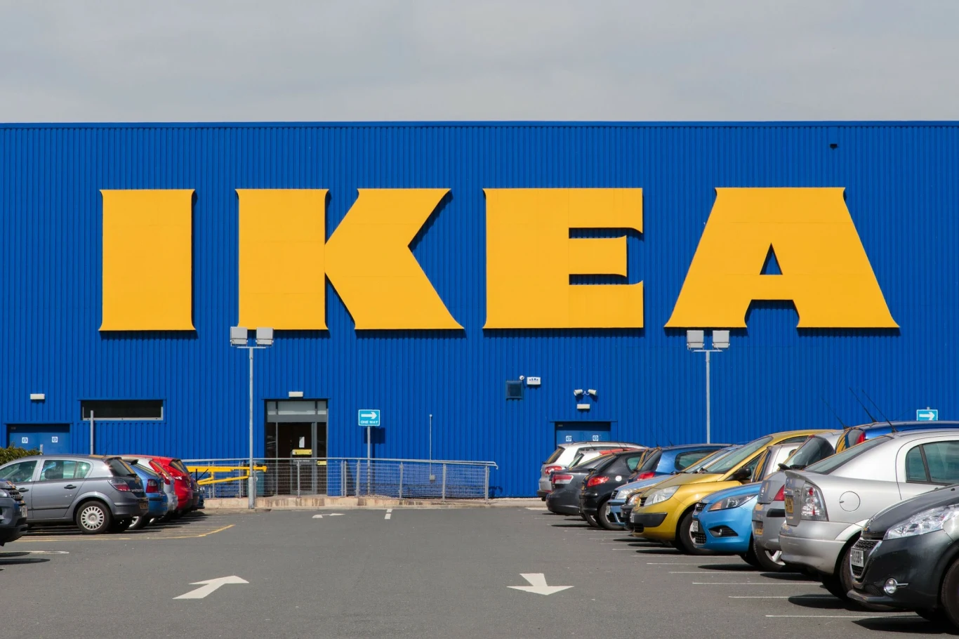 IKEA Duży niebieski budynek IKEA z żółtym logo, parking z samochodami przed wejściem do sklepu.