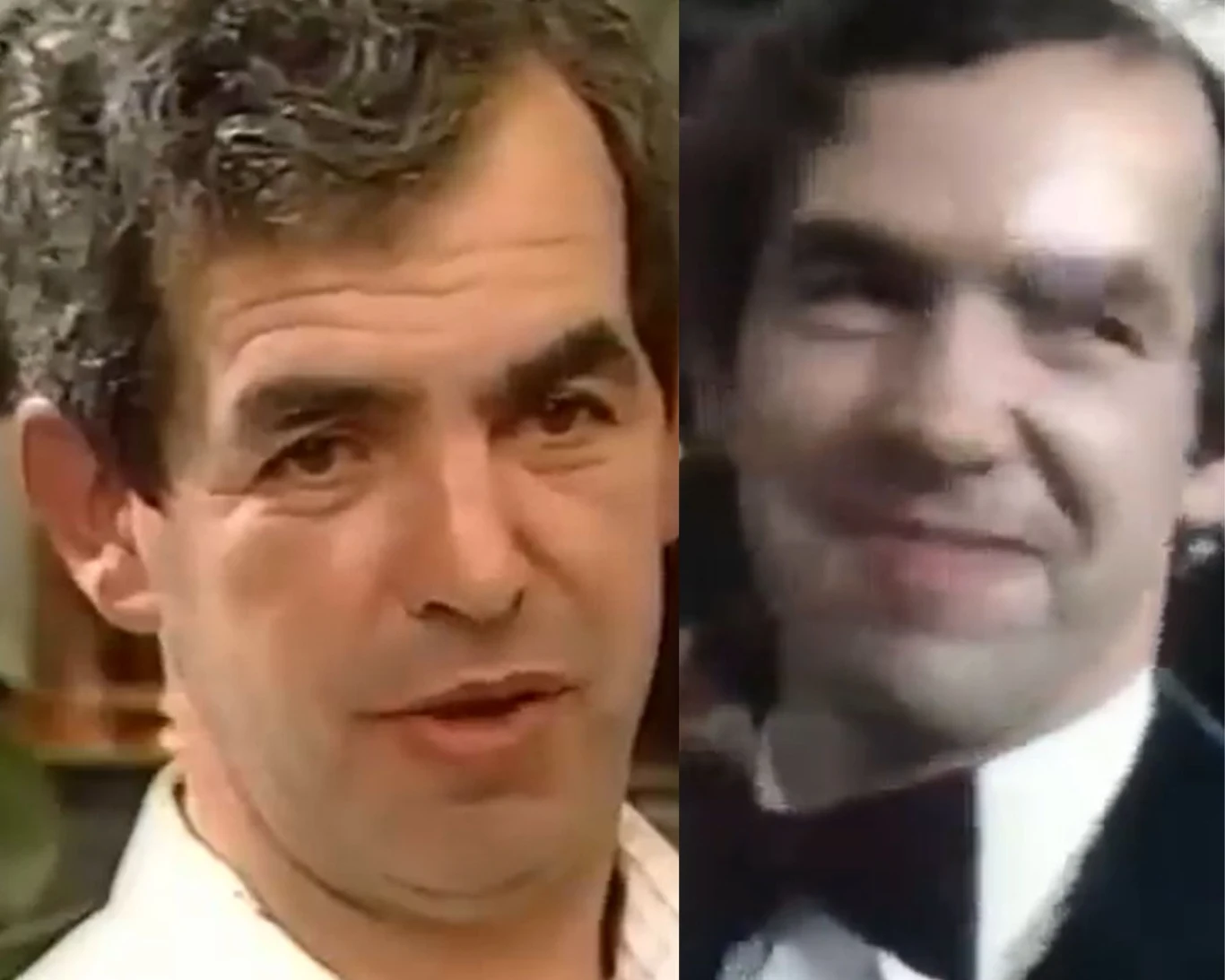 Dwie fotografie mężczyzny obok siebie, jedna w zbliżeniu w codziennym stroju, druga w eleganckim smokingu, obie ukazują podobieństwo twarzy i wyrazów mimiki.