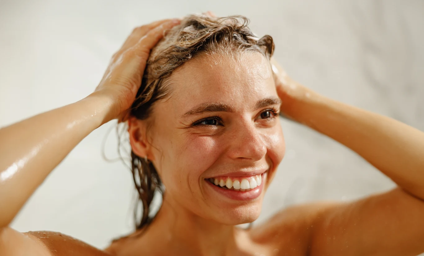 Uśmiechnięta kobieta myjąca włosy, z mokrymi włosami i kroplami wody na skórze, w jasnym pomieszczeniu.