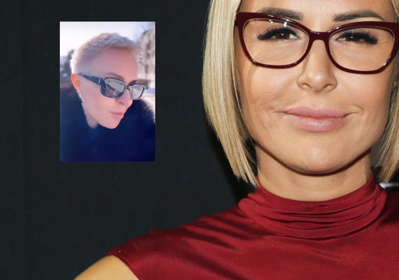 Kobieta w bordowej bluzce i okularach stoi na tle ciemnego tła. W lewym górnym rogu znajduje się wstawiona mniejsza fotografia innej kobiety w ciemnych okularach na tle jasnego pleneru.