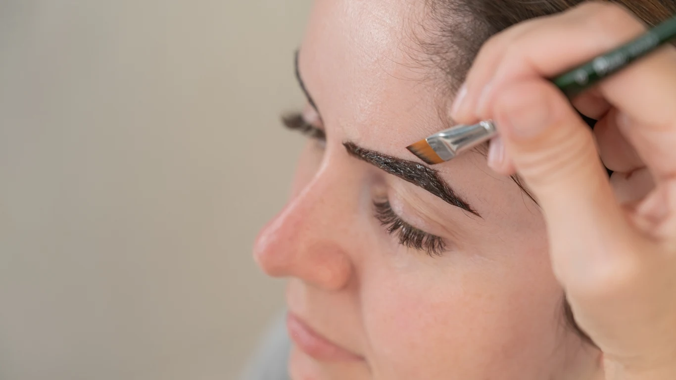 Zbliżenie na kobietę podczas stylizacji brwi, kosmetyczka za pomocą pędzelka precyzyjnie nakłada hennę na łuk brwiowy.