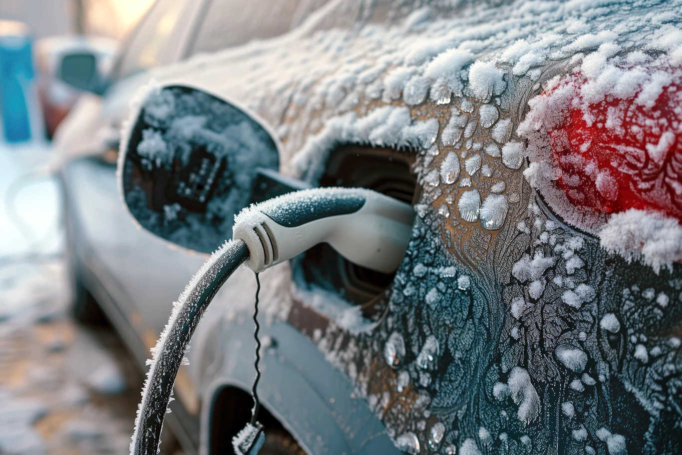 Niska temperatura i szybka jazda boleśnie zweryfikowały zasięgi samochodów elektrycznych Elektryczny samochód ładowany zimą, pokryty warstwą lodu i szronu, z widoczną wtyczką ładowarki podłączoną do portu po lewej stronie pojazdu.