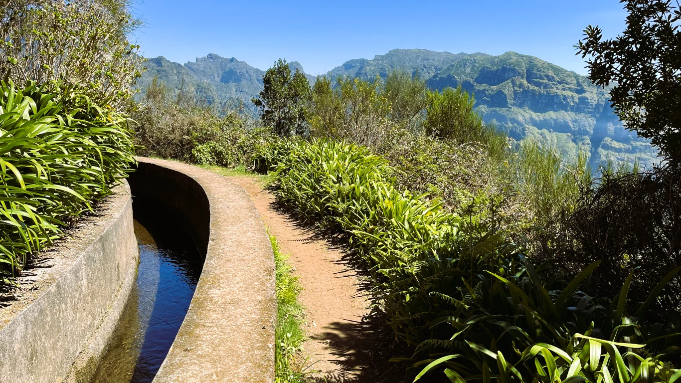 Wąska ścieżka przy kanale wodnym otoczona gęstą roślinnością, z widokiem na górskie szczyty porośnięte zielenią pod błękitnym niebem.