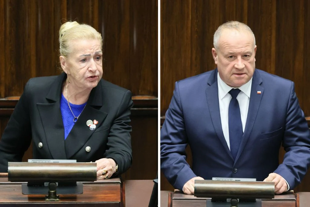 Burzliwa dyskusja w Sejmie, poszło o rozwody pozasądowe Kobieta w ciemnym żakiecie z medalami i mężczyzna w granatowym garniturze stoją za mównicami w sali parlamentu, oboje skoncentrowani na swoim wystąpieniu.