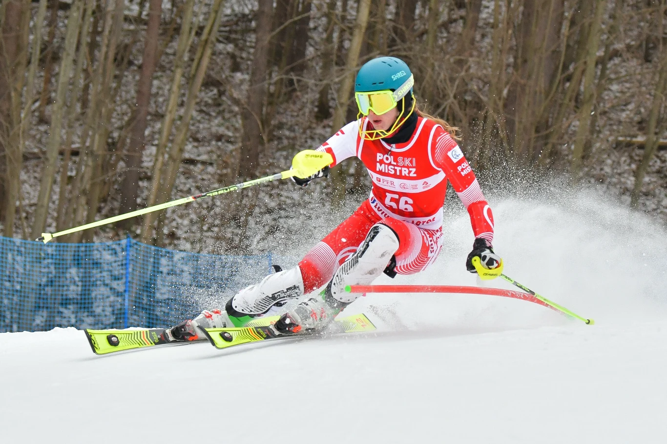 Narciarz w stroju startowym z numerem 66 pokonuje trasę slalomu, ślizgając się dynamicznie na śniegu i omijając tyczkę, w tle ośnieżone drzewa i niebieska siatka zabezpieczająca.