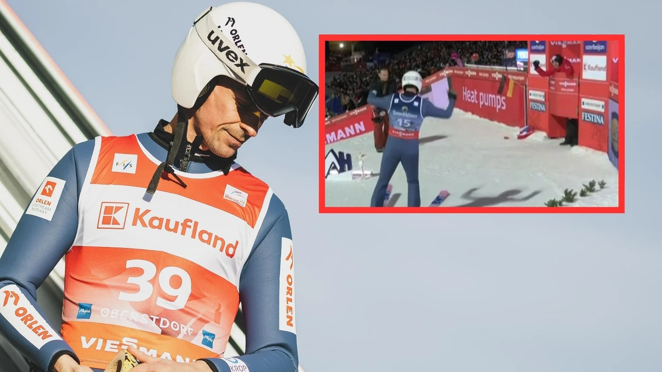 Piotr Żyła i Maciej Kot w Obserstdorfie Zawodnik w kombinezonie narciarskim i kasku przygotowuje się do skoku narciarskiego, na piersi widoczny numer startowy oraz logo sponsorów. W rogu zdjęcia wstawka z momentem lądowania i radosnej reakcji sportowca na skoczni wśród kamer i kibiców.