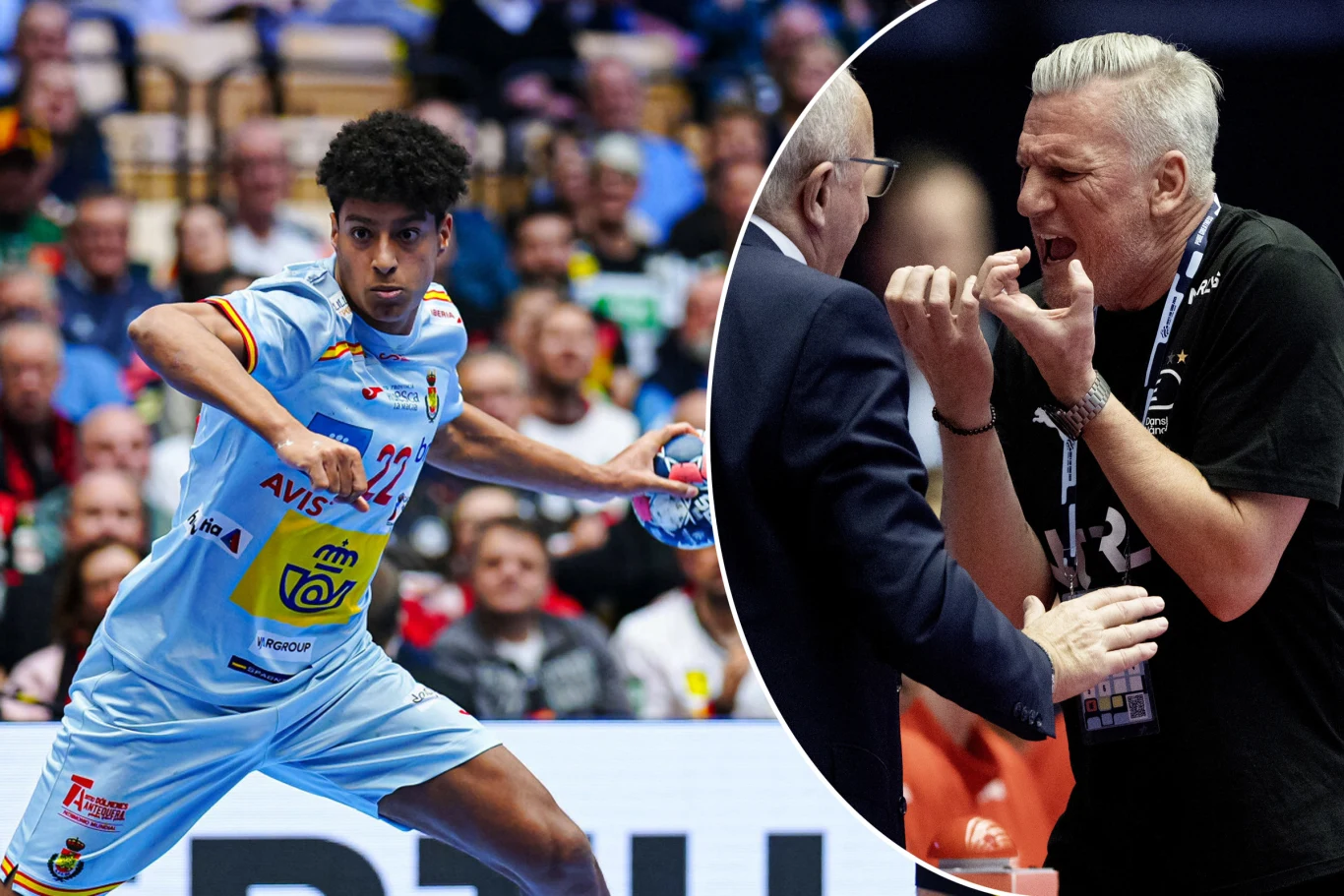 18-letni Marcos Fis imponował do 35. minuty, to on rzucił na 17:17. A chwilę później trener Duńczyków Nikolaj Jacobsen zobaczył żółtą kartkę Zawodnik drużyny piłki ręcznej dynamicznie biegnie z piłką, skupiony na grze, podczas gdy drugi fragment zdjęcia ukazuje trenera energicznie przekazującego wskazówki w trakcie meczu.