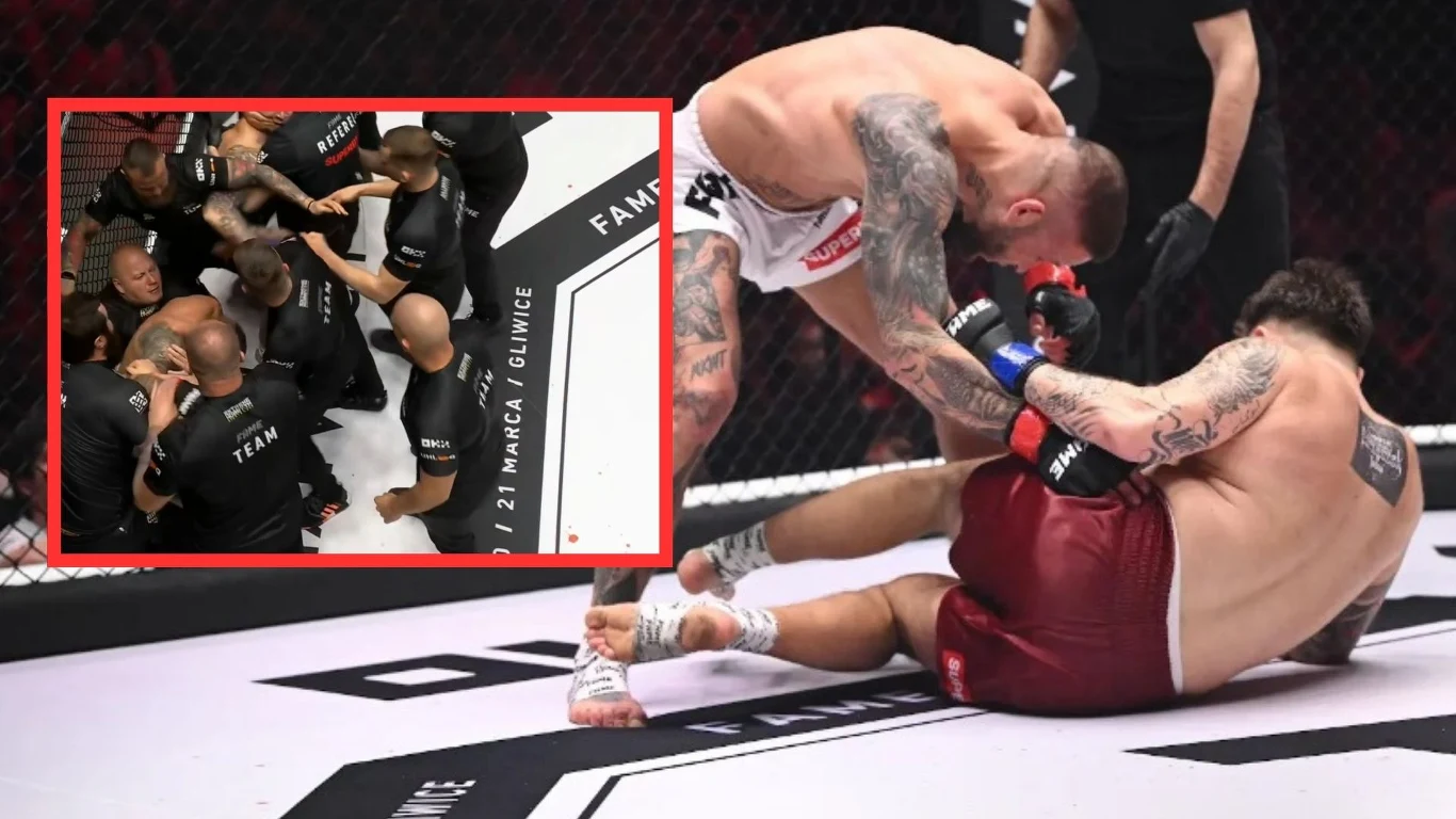 Paweł Bomba i Łukasz Pawłowski podczas FAME 29 Intensywna scena walki MMA w oktagonie, jeden z zawodników znajduje się na ziemi, a drugi wyprowadza cios z góry. Na małym wstawionym zdjęciu grupa sędziów i ochroniarzy interweniuje przy konfrontacji.