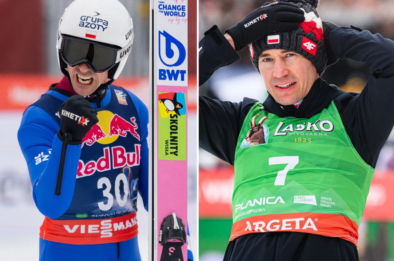 Dwóch skoczków narciarskich w strojach startowych, po lewej stronie sportowiec w niebieskim kombinezonie z numerem 30 unosi zaciśniętą pięść w geście zwycięstwa, po prawej stronie drugi skoczek w zielonej narzutce i czarnej czapce, trzymający rękę przy...