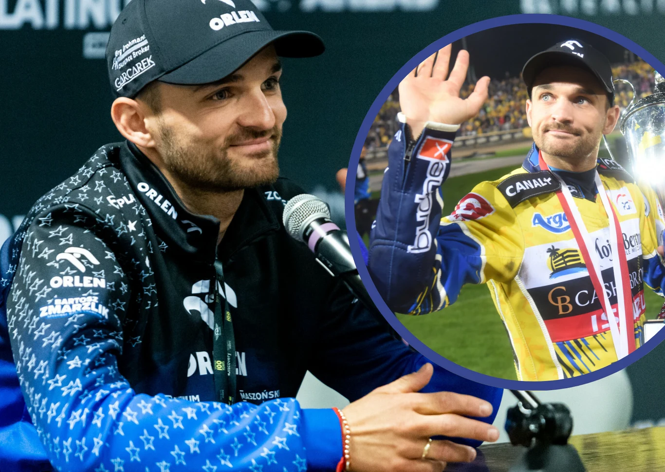 Bartosz Zmarzlik nie wróci szybko do Stali Gorzów. Mężczyzna w sportowej czapce i kurtce udzielający wywiadu przy mikrofonie, w tle kołowe zdjęcie tego samego mężczyzny pozującego z pucharem i podnoszącego rękę w geście powitania, ubrany w żółto-niebieski strój sportowy.