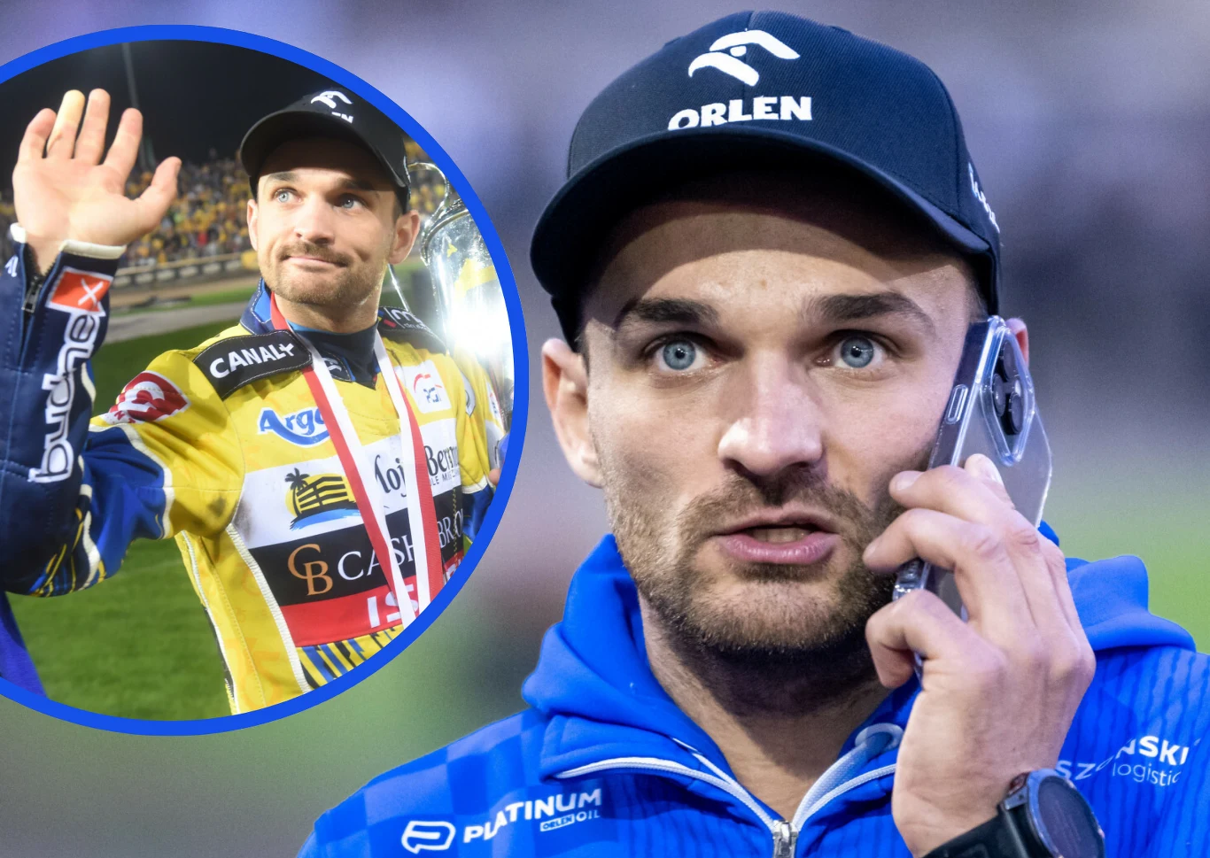 Mężczyzna w sportowym stroju z logo Orlen rozmawia przez telefon komórkowy, w tle umieszczone jest powiększone ujęcie tego samego sportowca w żółto-niebieskim kombinezonie, podnoszącego rękę w geście pozdrowienia.