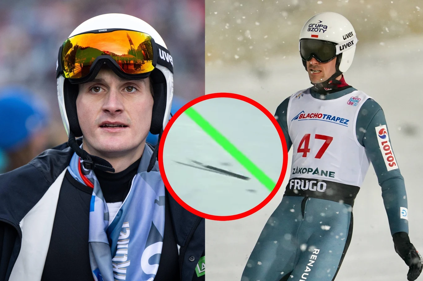 Dwóch skoczków narciarskich w strojach sportowych i kaskach, po lewej sportowiec z żółtymi okularami i szalikiem, po prawej zawodnik z numerem 47 przygotowujący się do skoku lub po jego wykonaniu, centralnie wstawka pokazująca lot narciarza podczas sko...