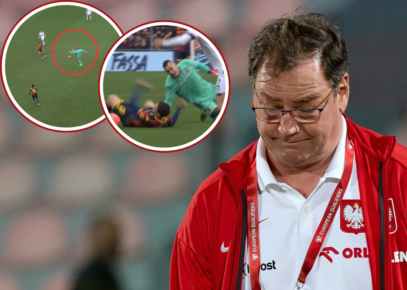 Trener reprezentacji Polski w czerwonej kurtce ze spuszczoną głową na tle rozmytego stadionu, w górnej części dwa powiększone kadry – akcja piłkarska z interwencją bramkarza oraz moment upadku zawodnika podczas meczu.