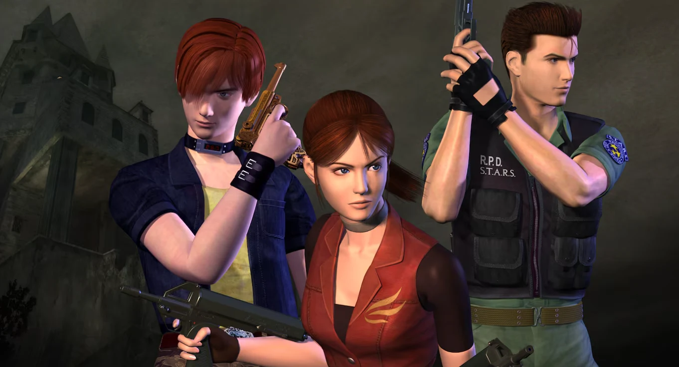 Resident Evil Code: Veronica Trójka bohaterów trzymających broń pozuje na tle zamku w mrocznym otoczeniu, ubrani w charakterystyczne stroje nawiązujące do sytuacji zagrożenia.