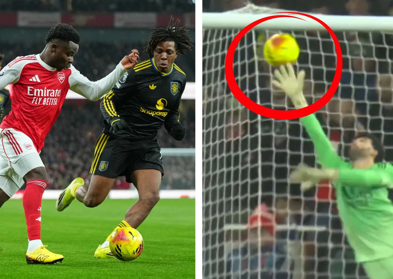 Dwóch piłkarzy rywalizuje o piłkę podczas ewidentnej gry, jeden w czerwono-białym stroju Arsenal, drugi w ciemnym stroju z żółtymi detalami. Po prawej stronie pokazany jest moment bramkarski, gdy piłka znajduje się tuż przy ręce bramkarza, podkreślona ...