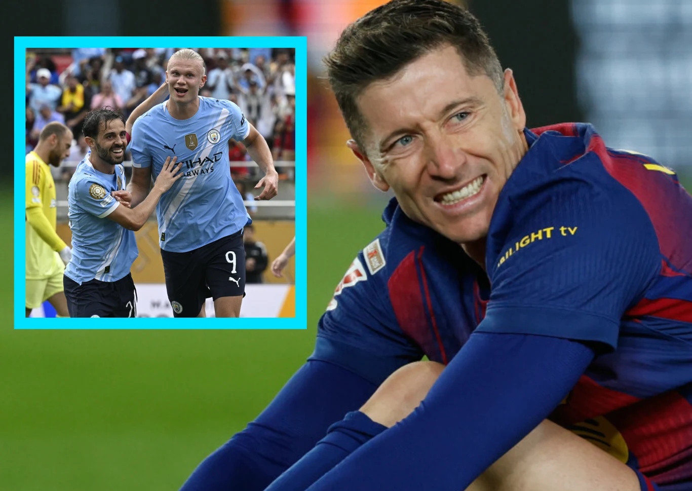 Piłkarz w stroju FC Barcelony siedzi na murawie, na pierwszym planie widoczne są jego emocje. W lewym górnym rogu kadru dodane jest zdjęcie dwóch zawodników Manchesteru City celebrujących bramkę podczas meczu, otoczeni kibicami.