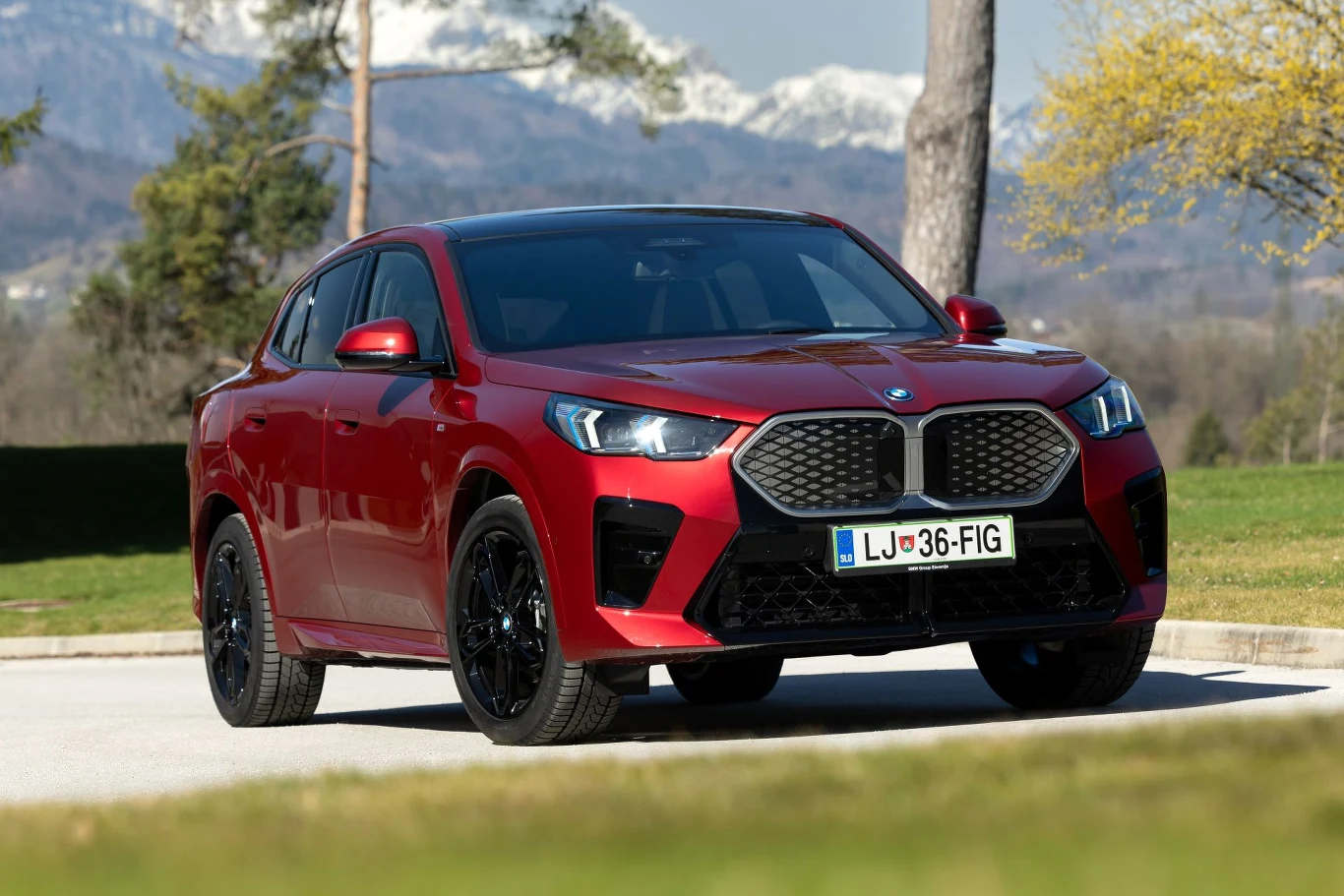 Najlepiej sprzedającym się samochodem elektrycznym BMW w Polsce w 2025 r. było iX2. Zanotowało wzrost o 1 053 proc. Czerwony samochód BMW stoi zaparkowany na tle górskich szczytów i drzew, na asfaltowym podłożu, z widoczną czarną felgą i charakterystycznym przednim grillem.