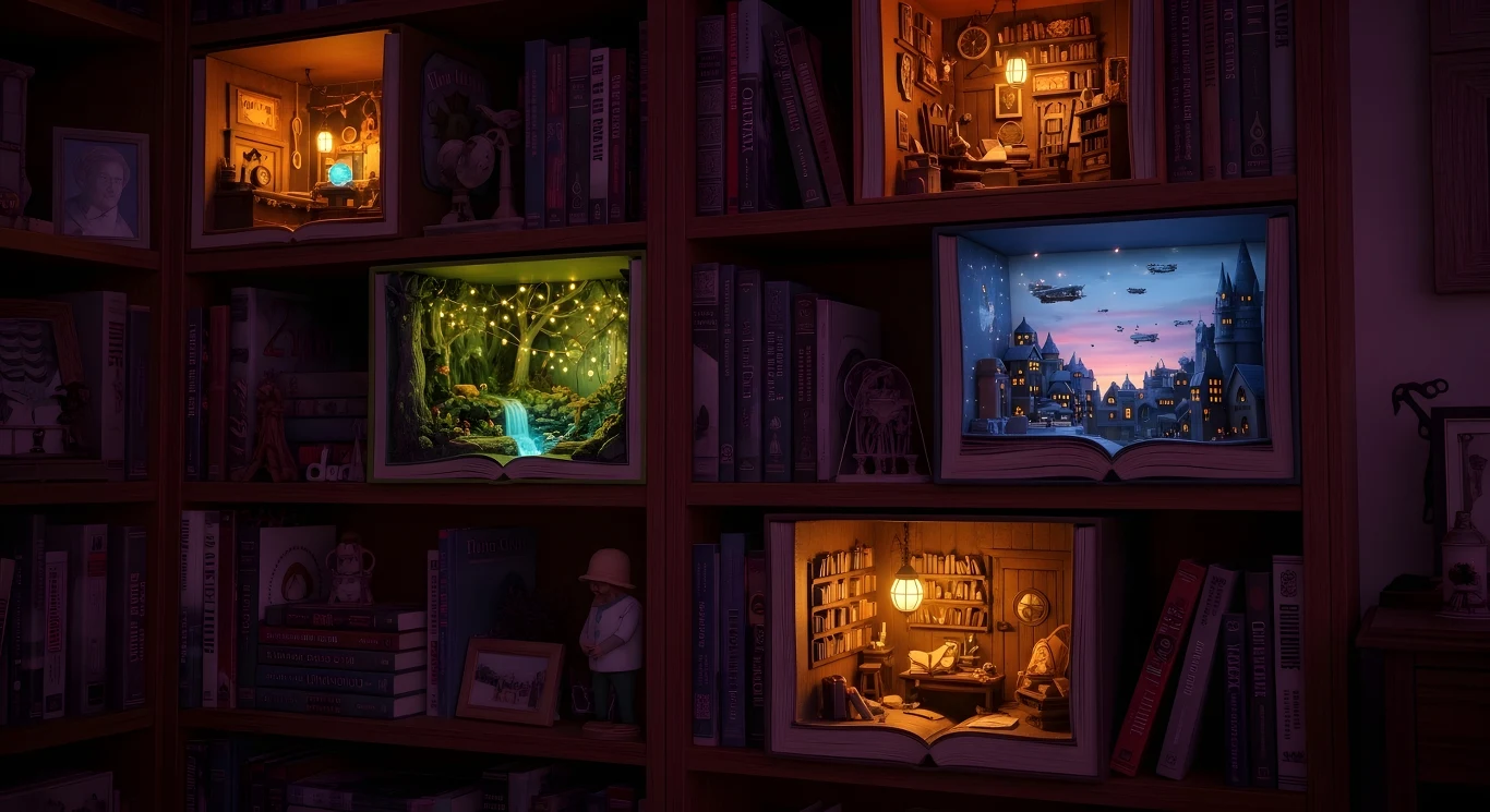 Półki z książkami, wśród których znajdują się otwarte książki podświetlone ciepłym światłem, tworzące miniaturowe scenki wnętrz, baśniowego lasu, miasta nocą oraz gabinetu pisarza. Każda scena jest szczegółowo dopracowana i przypomina dioramę, zachęcaj...