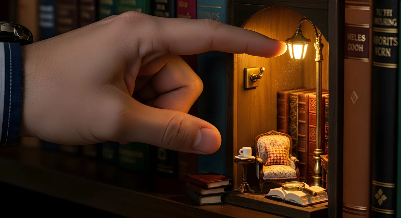 Duża dłoń dotyka miniaturowej aranżacji wnętrza umieszczonej między książkami na półce, w której znajduje się fotel, lampa, filiżanka oraz stos książek.