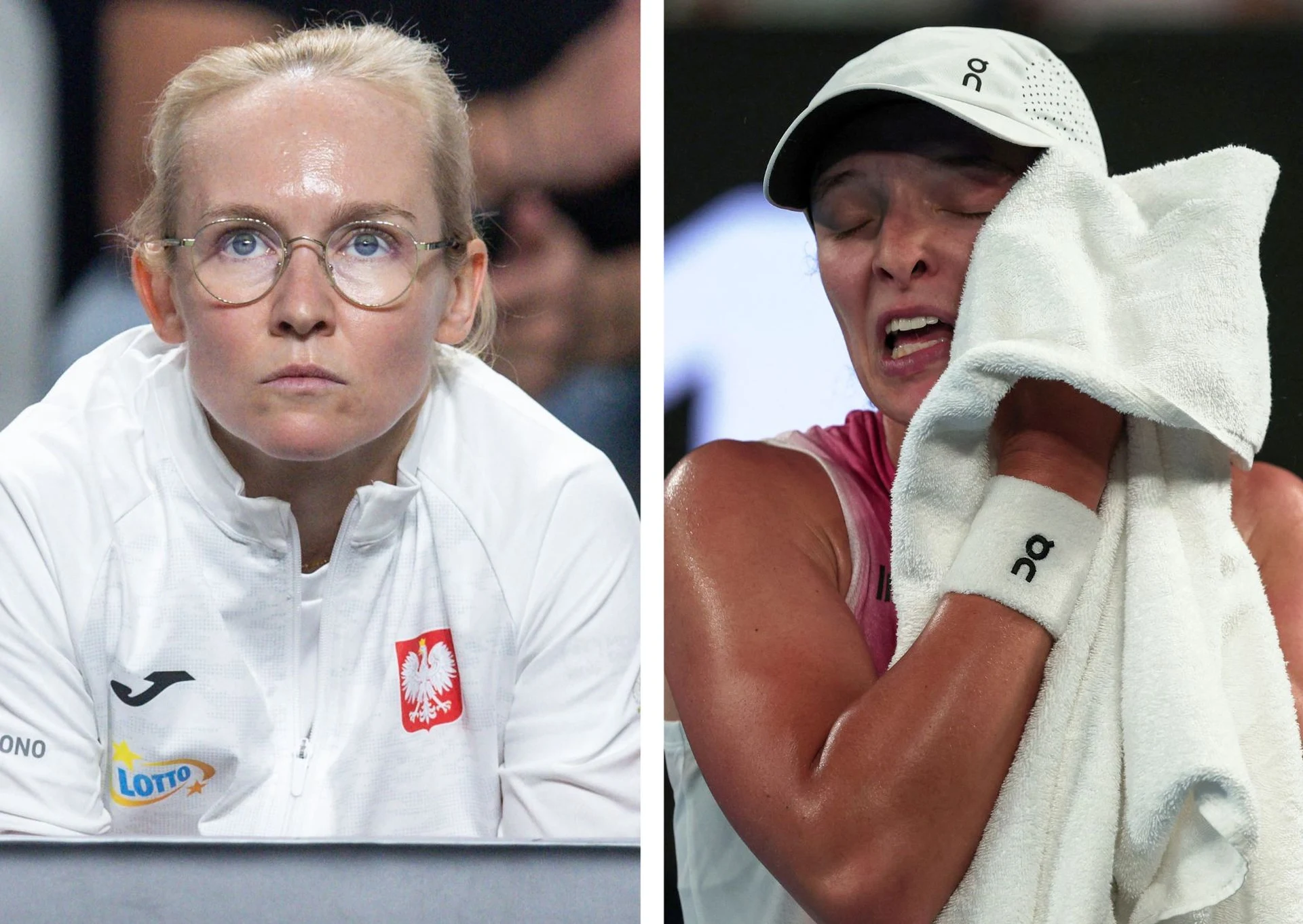 Po lewej stronie kobieta w okularach i białej kurtce z godłem Polski oraz logo Lotto patrzy poważnie przed siebie, po prawej zawodniczka w czapce i sportowym stroju ociera twarz ręcznikiem po intensywnym wysiłku.