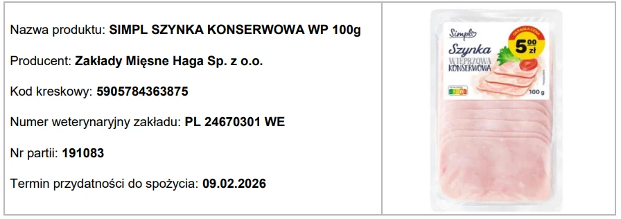 Opakowanie szynki konserwowej marki Simpl o wadze 100g, po prawej stronie szczegółowe informacje na temat produktu, producenta, kodu kreskowego, numeru partii oraz daty ważności.
