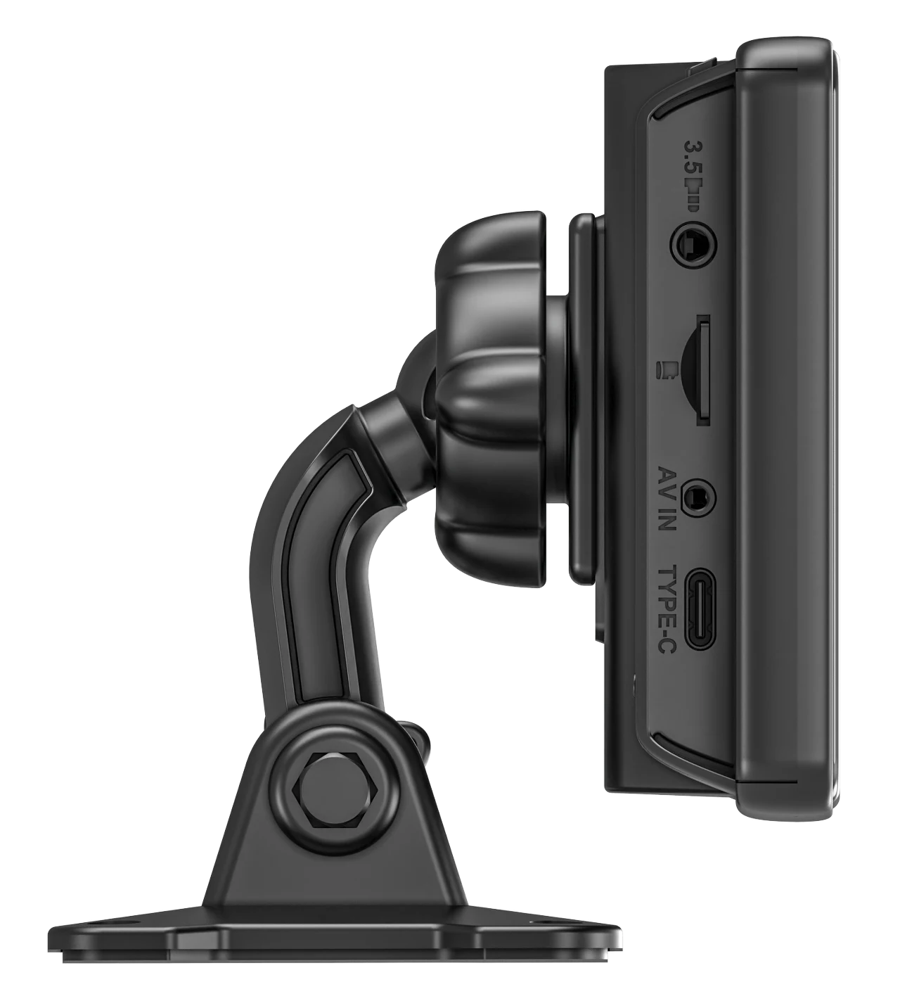 Czarna kamera samochodowa typu dashcam zamontowana na uniwersalnym uchwycie z widocznymi portami wejściowymi, m.in. AV IN, TYPE-C oraz gniazdem słuchawkowym 3,5 mm. Sprzęt z widoku bocznego uwydatniający mocowanie i konstrukcję obudowy.
