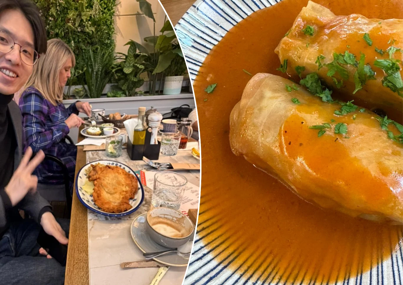 Osoby spożywające posiłek w restauracji, na stole znajdują się różne potrawy, w tym panierowany kotlet z ziemniakami oraz farszowne gołąbki w sosie pomidorowym, podane na talerzu i posypane świeżą natką.